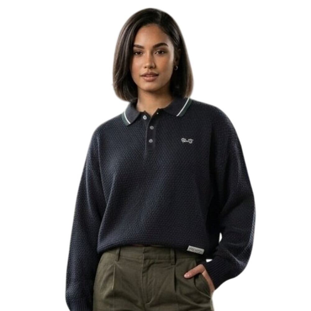 BEAMS HEART x PENNEY'S FOX Oversized Boxy Polo Sweater Navy Blue SZ S